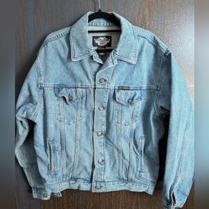 Harley Davidson VTG Denim Trucker Jacket Made in Canada Embroidered Back Logo